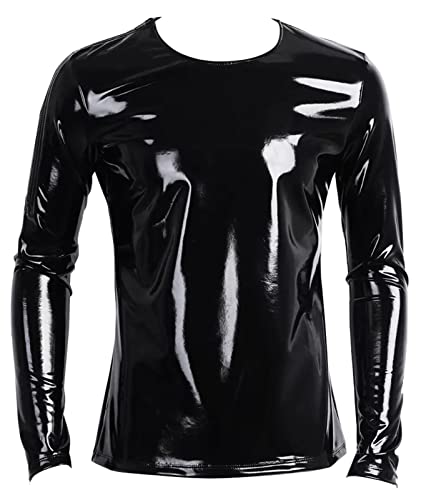 AIEOE Herren Lackleder Jacke Slim Fit Wetlook Glänzend Langarmshirt Club Oberteil Schwarz 02 Herstellergröße 7XL/ EU Größe XXL von AIEOE