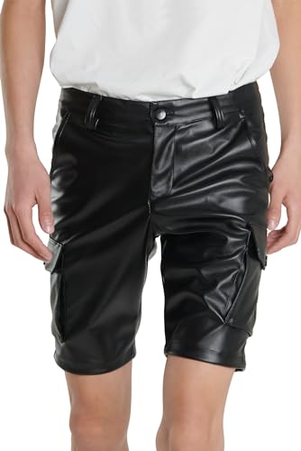 AIEOE Herren Leder Shorts Slim Fit Lederhose Kurz Elastische Kunstleder Hose Männer Biker Shorts Schwarz Größe 36 von AIEOE