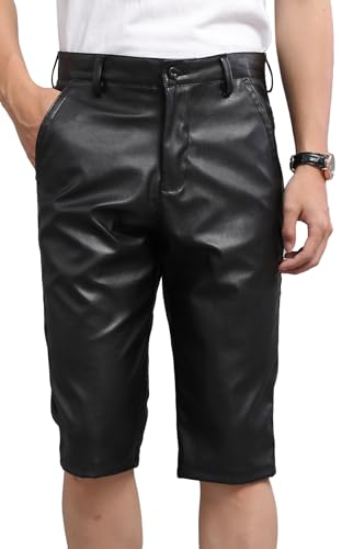 AIEOE Herren Lederhose Knielang Sommer Elastische Leder Shorts Wasser- und Schmutzabweisende PU Ledershorts Schwarz Größe 42 von AIEOE