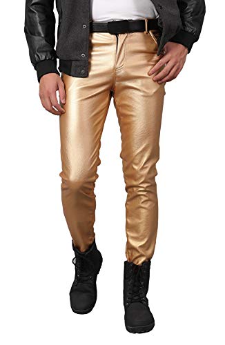 AIEOE Herren Lederhose Männer Winterhose Slim Fit Biker Hose Nachtclub Party Gold 34 von AIEOE