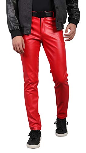 AIEOE Herren Lederjeans Winter PU Lederhose wasserdichte und Winddichte Bikerhose Rot Größe 33 von AIEOE