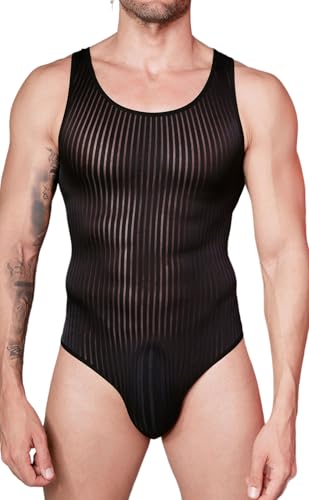 AIEOE Herren Leicht Bodysuit Streifen Elastisch Leotard Body Transparent Einteiler Nachthemd Clubwear Übergröße von AIEOE
