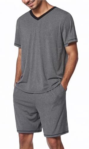 AIEOE Herren Leicht Pyjamas Kuzrarm Schlafanzug Casual Weich Loungewear Zweiteiliger Nachthemd Schlafshorts XL von AIEOE