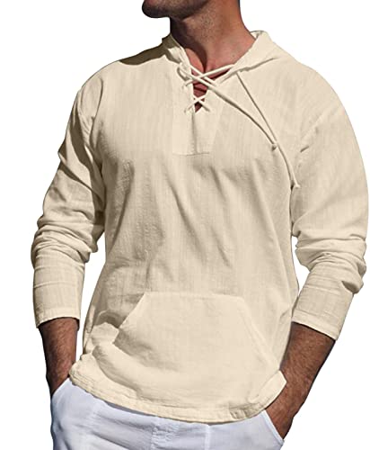 AIEOE Herren Leinenhemd Langarm Dünn Langarmshirt Baumwolle Leinen Hemd Hoodie Frühling Herbst Freizeithemd mit Kapuze Atmungsaktiv Leicht Casual Shirt - XXL von AIEOE