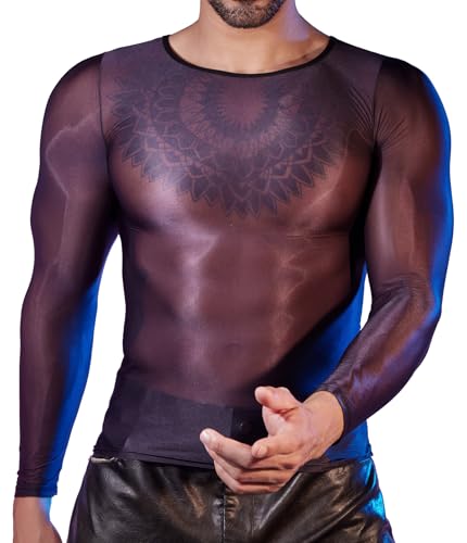 AIEOE Herren Mesh Shirt Glänzend Slim Fit Tüll Oberteil Party Clubwear Netz Langarmshirt Eng Schwarz Einheitsgröße für EU Größe S-M von AIEOE