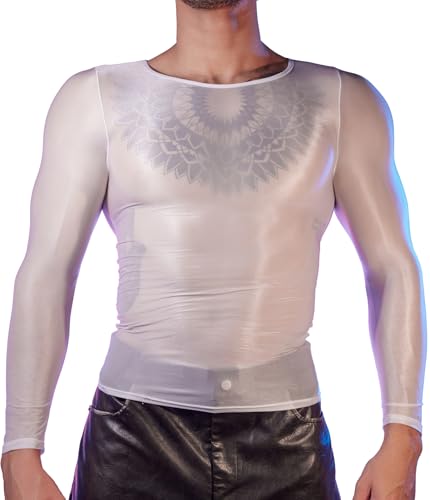 AIEOE Herren Mesh Shirt Glänzend Slim Fit Tüll Oberteil Party Clubwear Netz Langarmshirt Eng Weiß Einheitsgröße für EU Größe S-M von AIEOE