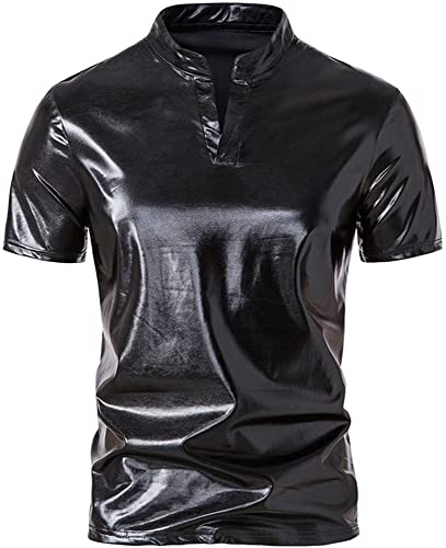 AIEOE Herren Metallisch Glänzend Henley-Hemd Kurzarm T-Shirt 80er Jahre Glitzer Disco-Kurzarmhemd Schwarz 01 L von AIEOE
