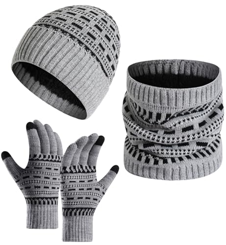 AIEOE Herren Mütze Schal Handschuh Sets mit Plüsch Gefüttert Warme Beanie Schlauchschal Touchscreen Handschuhe Grau von AIEOE