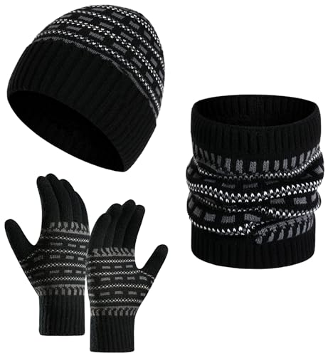 AIEOE Herren Mütze Schal Handschuh Sets mit Plüsch Gefüttert Warme Beanie Schlauchschal Touchscreen Handschuhe Schwarz von AIEOE