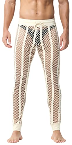 AIEOE Herren Muskelleggings Slim Fit Netzhose Durchsichtig Mesh Unterwäsche Männer Jogginghose Beige Größe XL von AIEOE