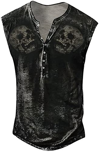 AIEOE Herren Muskelshirt 3D Druck Vintage Retro T-Shirt Ärmellos Dünn Tank Top Weich Rundhals Sommer Tops Totenkopf Muster Streetwear Oberteil mit Knöpfen - L von AIEOE