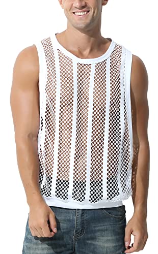 AIEOE Herren Muskelshirts Fischnetz Tank Tops Männer Ärmellos Unterhemd Fischnetzhemd ohne Arm Weiß L von AIEOE