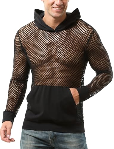 AIEOE Herren Netz Shirt Atmungskaktiv Langarmshirt Mesh Oberteil Sexy Clubwear Transparent Netzhemd Männer Sweatshirt Schwarz M von AIEOE