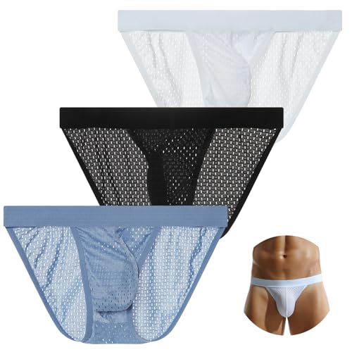 AIEOE Herren Netz Slip Unterhose 3 Stück Unterwäsche Durchsichtig Minislip Schwarz-Weiß-Blau Herstellergröße L/EU M von AIEOE