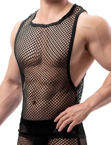 AIEOE Herren Netz Tank Top mit Großem Armausschnitt Durchsichtiges Netzoberteil Ärmellos Schwarz Größe S von AIEOE