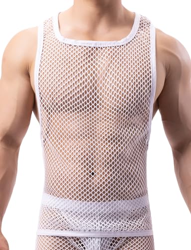 AIEOE Herren Netz Tank Top mit Großem Armausschnitt Durchsichtiges Netzoberteil Ärmellos Weiß Größe M von AIEOE