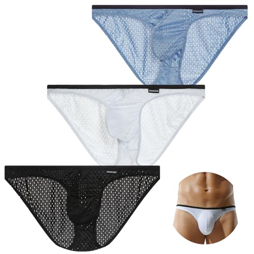 AIEOE Herren Netz Unterwäsche 3er Pack Transparent Mini Slip Low Waist Dessous Schwarz-Weiß-Blau Herstellergröße M/EU S von AIEOE