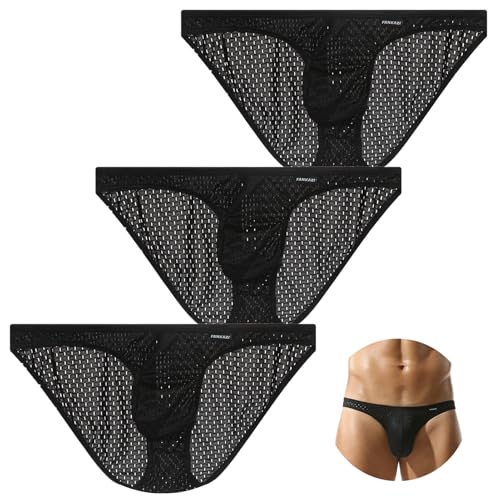AIEOE Herren Netz Unterwäsche 3er Pack Transparent Mini Slip Low Waist Männer Dessous Schwarz Herstellergröße XL/EU L von AIEOE