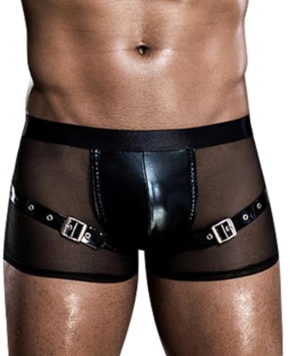 AIEOE Herren Netz Unterwäsche mit PU Leder Einsätze für Erotische Anlässe Schwarz 05 von AIEOE