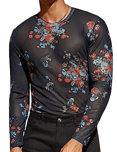 AIEOE Herren Netzhemd Langarm Blumen Netzshirt Sexy Transparent Muskel Shirts Netz Hemd T-Shirt Club Wear Sommer Netzoberteil - EU L von AIEOE