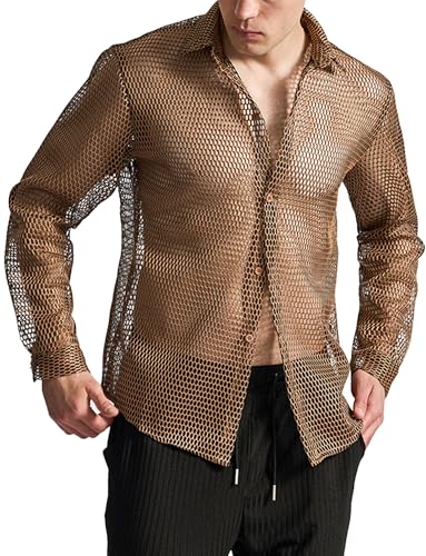 AIEOE Herren Netzhemd Langarm Fishnetz Hemd Durchsichtiges Muskelshirt Button Down Netztop S von AIEOE
