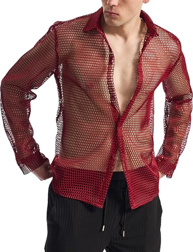 AIEOE Herren Netzhemd Langarm Fishnetz Hemd Durchsichtiges Muskelshirt Button Down Netztop S von AIEOE