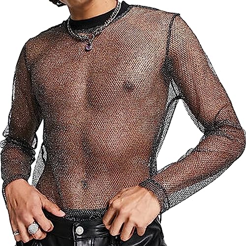 AIEOE Herren Netzhemd Langarm Glitzer Netzshirt Sexy Transparent Muskel Shirts Netz Hemd T-Shirt Club Wear Sommer Netzoberteil - EU L von AIEOE