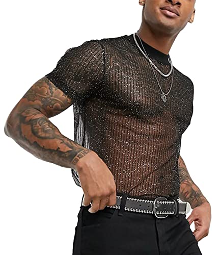 AIEOE Herren Netzhemd Muskel Netzshirt Glitzer Transparent T-Shirt Netz Shirts Kurzarm Hemd Club Wear Sommer Netzoberteil - XL von AIEOE