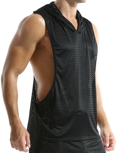 AIEOE Herren Netztop Sport Aushöhlen Tanktop Ärmellos Mesh Sportweste mit Kapuze Achselshirts Tops L von AIEOE