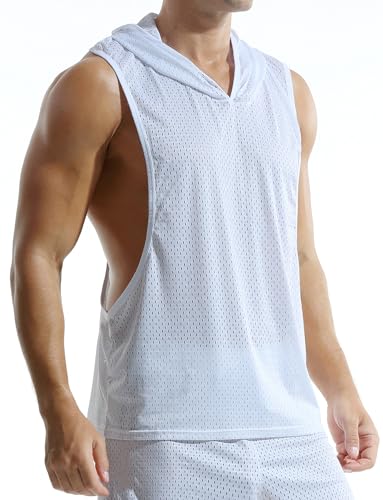 AIEOE Herren Netztop Sport Aushöhlen Tanktop Ärmellos Mesh Sportweste mit Kapuze Achselshirts Tops L von AIEOE
