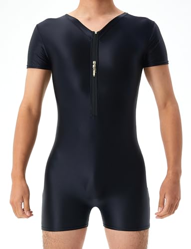 AIEOE Herren Ölig Glanz Bodysuit Kurzarm Leotard Playsuit Figurbetont Dünne Unterhemden Transparent Kompression Unterwäsche Jumpsuit mit Bein M von AIEOE
