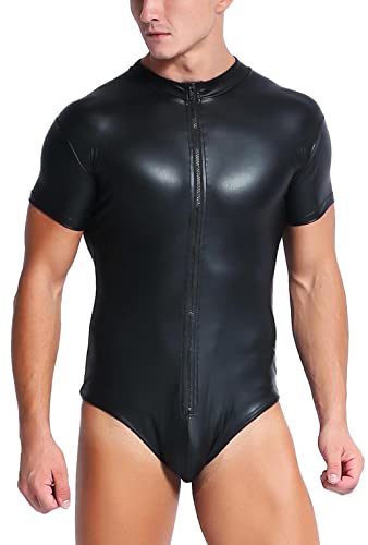 AIEOE Herren Overall Kurzarm Body aus Lackleder Einteiler Leder Bodysuit Wetlook Männer Body Clubwear XXL von AIEOE