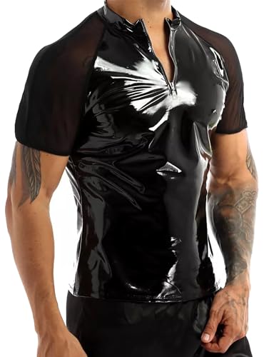 AIEOE Herren PVC Henley Shirt mit Mesh-Ärmeln Slim Fit Netz Unterhemd Party Kleidung Schwarz B Herstellergröße XXL/EU Größe M von AIEOE