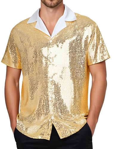 AIEOE Herren Pailletten Kurzarmhemd Glänzende Oberteile Shirts Disco Party Hemdbluse L von AIEOE