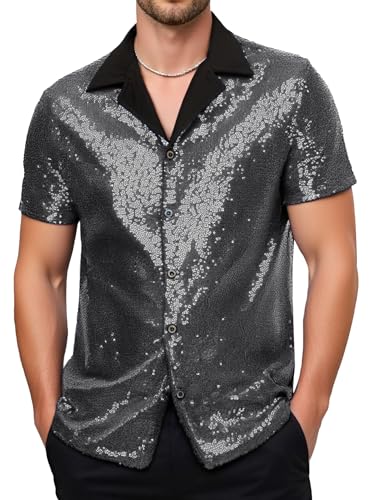 AIEOE Herren Pailletten Kurzarmhemd Glänzende Oberteile Shirts Disco Party Hemdbluse L von AIEOE