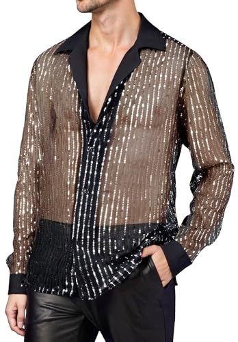 AIEOE Herren Pailletten Shirts Button Down Freizeithemd Durchsichtiges Glänzende Hemd Stehtkragen Knopf T Shirt XL von AIEOE