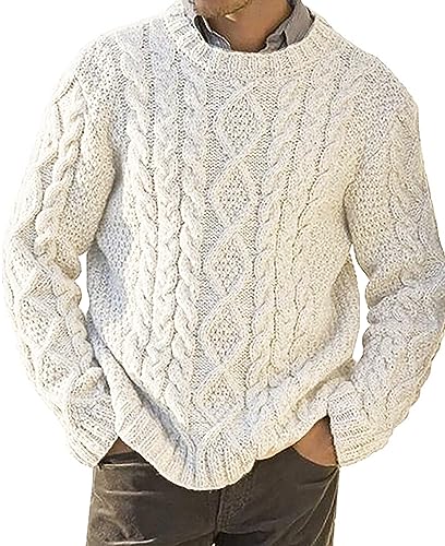 AIEOE Herren Pullover mit Zopfmuster Rundhalspullover Männer Strickpullover für Herbst und Winter Weiß Herstellergröße L/EU Größe M von AIEOE