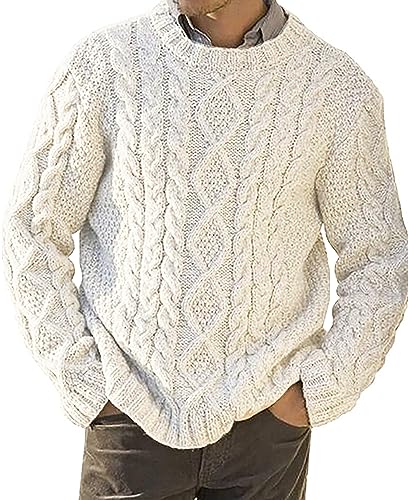 AIEOE Herren Pullover mit Zopfmuster Rundhalspullover Männer Strickpullover für Herbst und Winter Weiß Herstellergröße M/EU Größe S von AIEOE