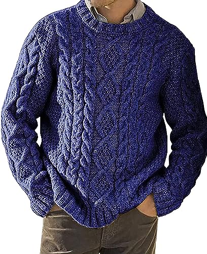 AIEOE Herren Rippstrickpullover Regular Fit Rundhalsausschnitt Pulli Langarm Sweater Blau Herstellergröße L/EU Größe M von AIEOE