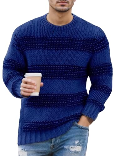 AIEOE Herren Rundhalspullover Slim Fit Gestrickter Pullover Männer Pulli Strickpullover Gestreift Blau Größe XL von AIEOE
