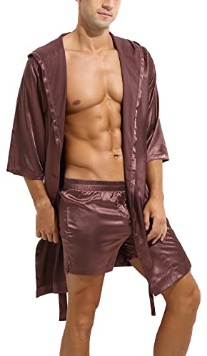 AIEOE Herren Satin Bademantel mit Kapuze Seidiger Bademantel und Shorts im Set Leicht und Locker Braun Set L von AIEOE