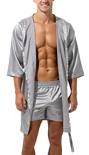 AIEOE Herren Satin Bademantel mit Kapuze Seidiger Bademantel und Shorts im Set Leicht und Locker Grau Set L von AIEOE