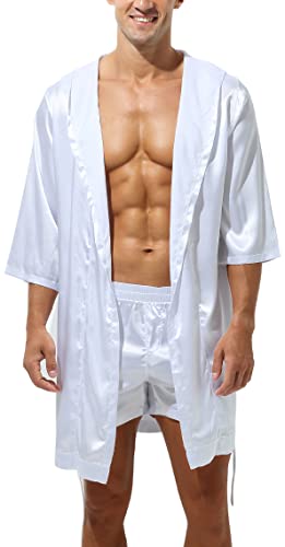 AIEOE Herren Satin Bademantel mit Kapuze Seidiger Bademantel und Shorts im Set Leicht und Locker Weiß Set XL von AIEOE