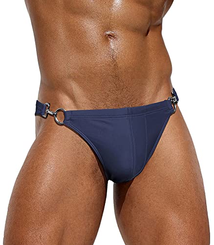 AIEOE Herren Schwimmen Bikini Slip mit Metallschnalle Halbe Hüfte Bademode Gay Tanga Badehose Schnell Trocken Badeanzug Sommer Leicht Strandslip S-XL, 2 Schnallen in Marineblau, L/XL von AIEOE