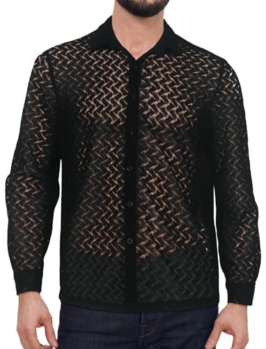 AIEOE Herren Sexy Hemd Leicht und Durchsichtig Langarmshirt Spitze Clubwear Schwarz 04 M von AIEOE