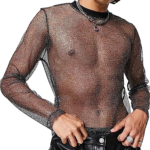 AIEOE Herren Sexy Langarmshirt im Glitzer-Look Atmungsaktive Clubwear Netz Schwarz 03 Herstellergröße XL/EU Größe M von AIEOE