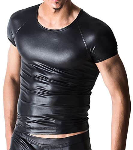 AIEOE Herren Sexy Leder T-Shirt Slim Fit Wetlook Kurzarm Shirt Rundhalsausschnitt Schwarz 04 M von AIEOE
