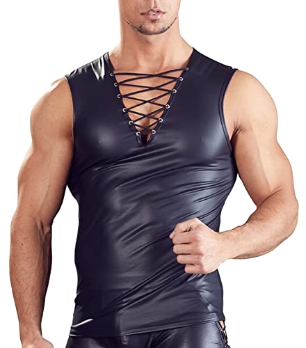 AIEOE Herren Sexy Tank Top PU Leder Muskelshirt Ärmellose T-Shirt Slim Fit Schwarz 05 XL von AIEOE