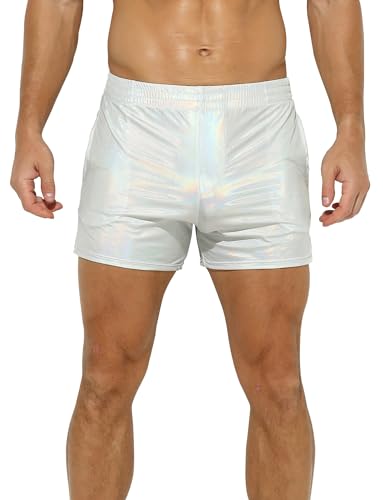 AIEOE Herren Shorts aus Kunstleder Metallic Glänzed Hose Kurz Sexy Clubwear im Metallic Look Silber Größe XL von AIEOE
