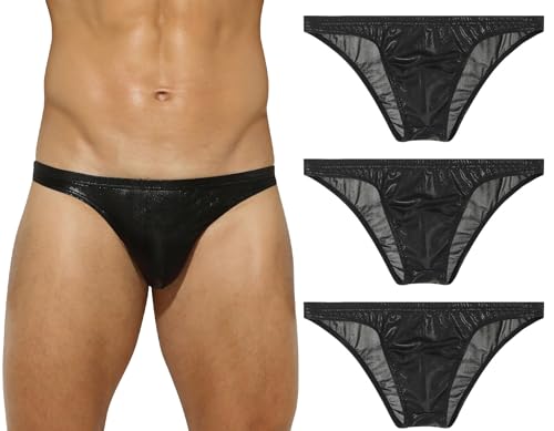 AIEOE Herren Slips in Leder-Optik Glänzende Unterwäsche Sexy Unterhose Pouch Briefs Schwarz A x 3 L von AIEOE